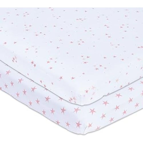 Pack n Play Playard Sheet - Mini Crib Sheet 100% Jersey Cotton 2 Pack for Baby Girl-Dusty Rose and Mauve Pink Stars