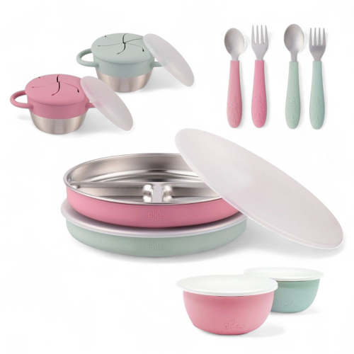 Stainless Steel Mealtime Bundle | Plates, Bowls, Snack Cups + Toddler Utensils | Normal Sleeves | Blush/Sage