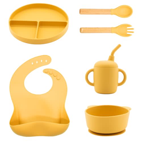 CHCC Silicone Baby Feeding Set 6 Pcs, Baby Led Weaning Supplies, Baby Feeding EatincSupplies Set BPA Free, Baby Essentialsfor Newborn Gift Yellow