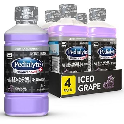 Pedialyte AdvancedCare Plus Electrolyte Hydration Drink, Has 33% More Electrolytes and Has PreActiv Prebiotics, Iced Grape, 1 Liter, Pack of 4