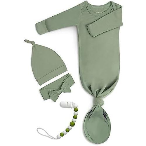Newborn Baby Knotted Gown, Super Soft Silky Infant Long Sleeve Sleeper with Mittens and Hat & Bowknot Set (Extra Long)