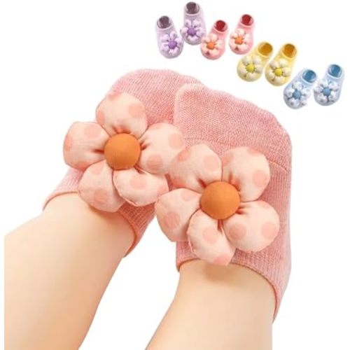 4Packs Baby Girls Socks,Flower Non-Slip Grips for Babies Toddler Princess Low Cut Ankle Socks for Girls