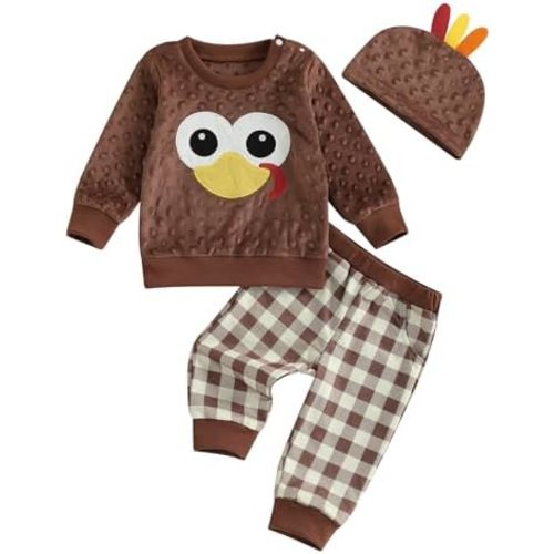 Lamuusaa Toddler Baby Boy Thanksgiving Outfit Long Sleeve Warm Turkey Sweatshirt Plaid Long Pants Hat Fall Winter Clothes