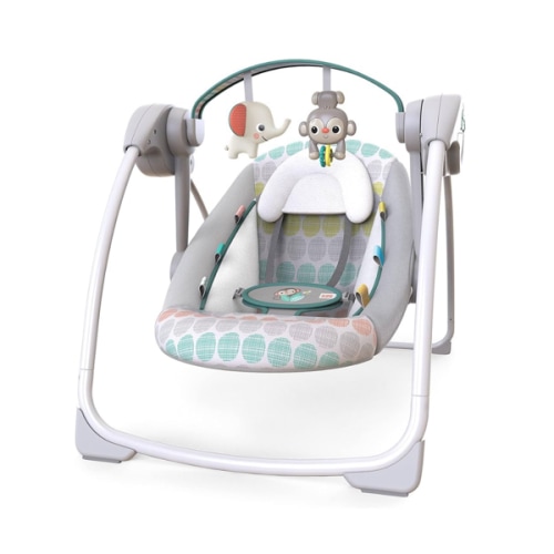 Bright Starts Portable Automatic 6-Speed Baby Swing with Adaptable Speed, Taggies, Music, Removable-Toy-Bar, 0-9 Months 6-20 lbs (Whimsical Wild)