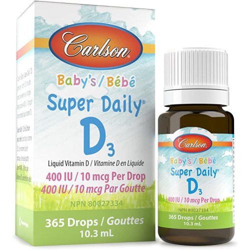 Carlson - Baby's Super Daily D3, Baby Vitamin D Drops, 400 IU (10 mcg) per Drop, 1-Year Supply, Vegetarian, Liquid Vitamin D Drops for Infants and Toddlers, Unflavored, 365 Drops