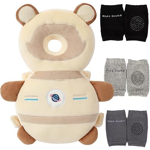 Feidoog Baby Head Protector Cushion Backpack with 3 Knee Pads for Walking & Crawling,Khaki Astronauts