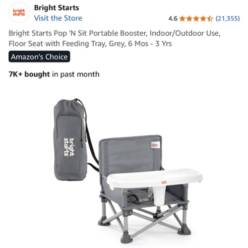 Bright Starts Pop 'N Sit Portable Booster, Indoor/Outdoor Use, Floor Seat with Feeding Tray, Grey, 6 Mos - 3 Yrs
