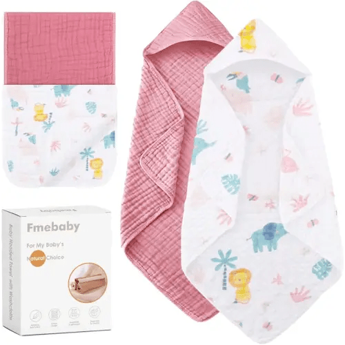 Fmebaby Muslin Bath Towel for Toddler 4 Pcs, 36x36 Inch 100% Muslin Cotton Baby Hooded Bath Towel and Washcloths for Babies, Infant and Kids, Soft and Absorbent Newborn Essential(Pink and Elephant)
