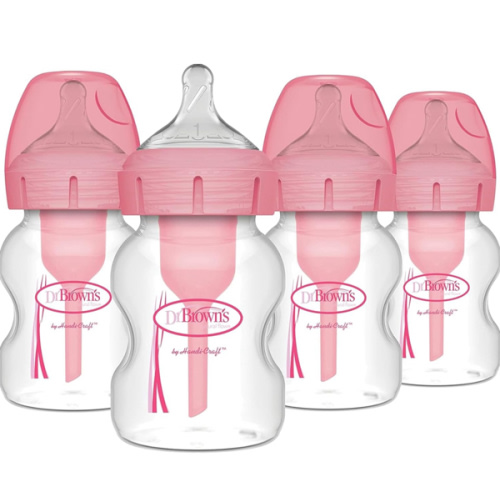 Dr. Brown's Natural Flow Anti-Colic Options+ Wide-Neck Baby Bottles 5 oz/150 mL,with Level 1 Slow Flow Nipple, Pink 4 Pack, 0m+