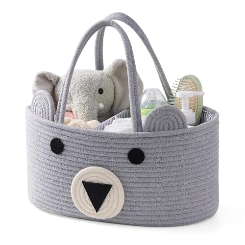 InfiBay Baby Diaper Caddy Organizer, Large Bear Cotton Rope Nursery, Changing Basket Table Baby Diaper Storage Portable Car Organizer, Newborn Essentials - Gray
