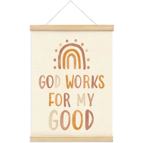PLKMN Christian Nursery Wall Decor, God Works for My Good Wall Art with Wooden Poster Hanger, Boho Rainbow Christian Wall Decor for Nursery Kids Room Sunday School Preschool Classroom, 12x16 Inch