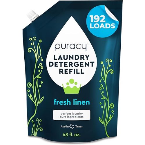 Puracy Liquid Enzyme Laundry Detergent Refill-1,4 Dioxane Free, Natural, Scent-Free Gentle Laundry Detergent Liquid Concentrate Laundry Pouch with Stain Fighting Enzymes 192 Loads Fresh Linen, 48 oz