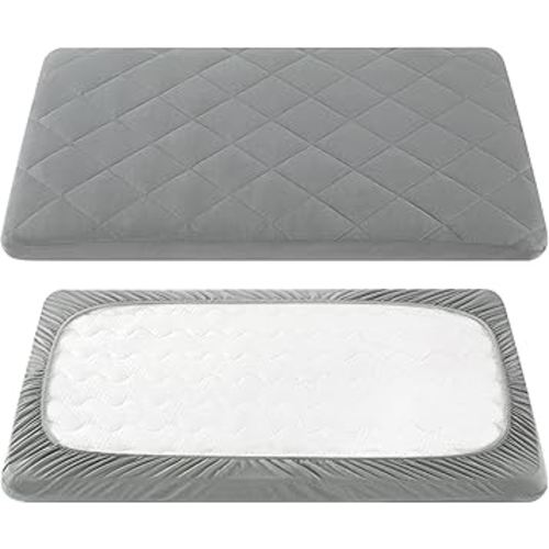 TILLYOU Pack and Play Sheet - Soft Quilted Crib Cover Pad, Toddlers Mattress Protector with 1''-3'' Deep Pocket, Thick Play Yard Playpen Sheets, Breathable Fluffy Crib Mattress Pad, 39"x27", Grey