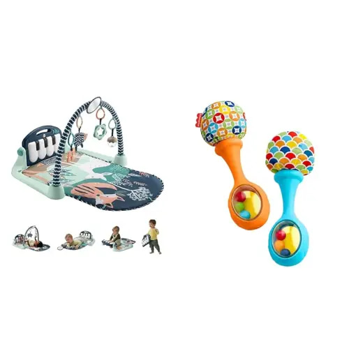 FISHER-PRICE BABY Playmat Kick & Play Piano Gym with Musical and Sensory Toys for Newborn to Toddler, Navy Fawn & Newborn Toys Rattle 'n Rock Maracas, Set of 2 Soft Musical Instruments