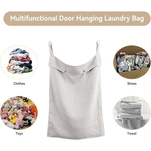 100% Linen Hanging Laundry Hamper Bag 20x27 Inch, Over the Door with 2 Buttons and Bottom Zipper Saving Space Wall Back organizers For Dirty Clothes Dorm Travel College Camp Sock Large Capacity,Linen