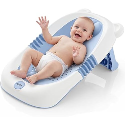 ISELECTOR Baby Bath Support Foldable Baby Bathtub Bath Tub for Newborn Infant Baby Bath Seat with Non-Slip Suction Cup 0-6 Months Infant Essentials Must Haves Ideal for Newborn Gifts (Blue)