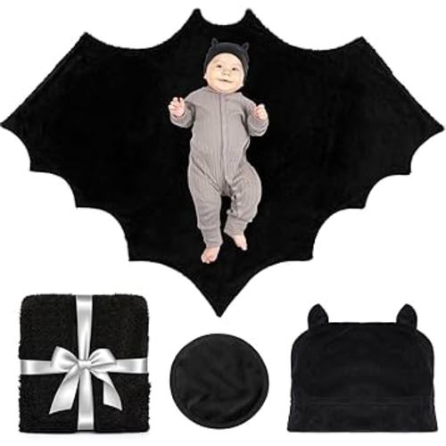 Bumba Kids Multi-Use Bat Blanket has a Monthly Baby Milestone Blanket Option and Plush Black Baby Hat with Ears, Baby Bat Swaddle Blanket, Black Baby Blanket, Black Swaddle Blanket, Goth Baby Stuff