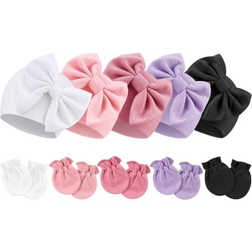 BQUBO Newborn Baby Girls Hats Mittens Set Hospital Hat Beanie Infant Bow Hats Baby Cotton Gloves for 0-6 Months