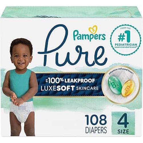 Pampers Pure Baby Diapers, Size 4 (22-37 lbs), 108, Up to 100% Leakproof, Premium Hypoallergenic Soft Diapers