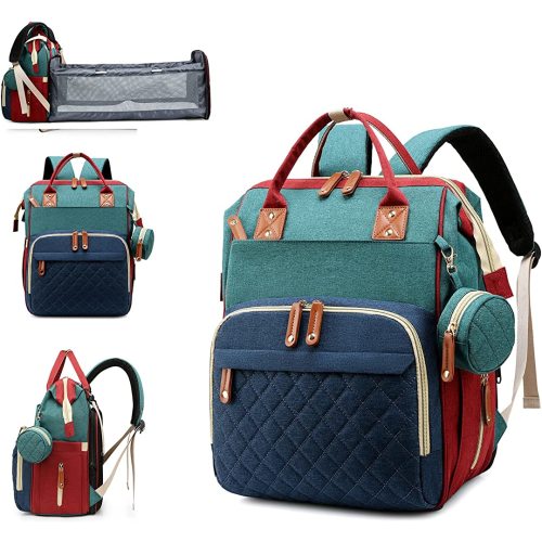 Diaper Bag with Changing Station, Waterproof 3 in 1 Baby Diaper Backpack with Foldable Changing Pad, Large Travel Back Pack for Girl Boy, Red-Green-Blue