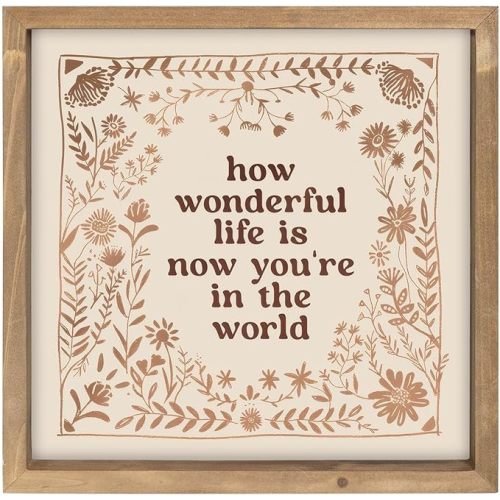 pechpell 11.8 Inch How Wonderful Life Is Now You'Re In The World Sign, Wooden Nursery Wall Art Inspirational Signs, Rustic Floral Decor Table Shelf Childrens Room Decorations for Home
