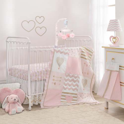 Baby Love Metallic Gold/Pink/White Hearts, Stripes and Chevrons 4-Piece Nursery Crib Bedding Set – Lambs & Ivy