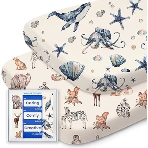 Bassinet Sheets for Baby Boy Girl, TotBasic Buttery Soft Universal Bassinet Fitted Sheet, Compatible with Halo, Mika Micky, Baby Delight, Dream On Me, Maxi COSI and More Bassinet Mattress(Ocean&Zoo)