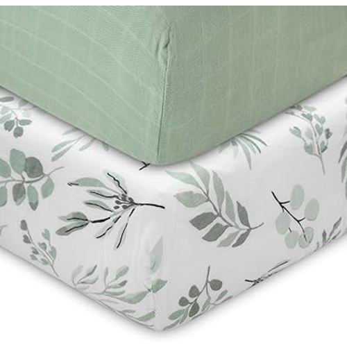 Organic Muslin Fitted Crib Sheet - Eucalyptus Leaves and Sage Solid Crib Sheet for Standard Crib and Toddler Mattresses, Soft and Breathable, 28”x52”