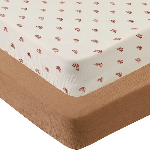 Muslin Crib Sheets Soft Breathable 100% Cotton Toddler Bed Fitted Sheets Standard 28" x 52" Baby Crib Mattress Cover 2 Pack for Boy and Girl, Natural and Rainbow