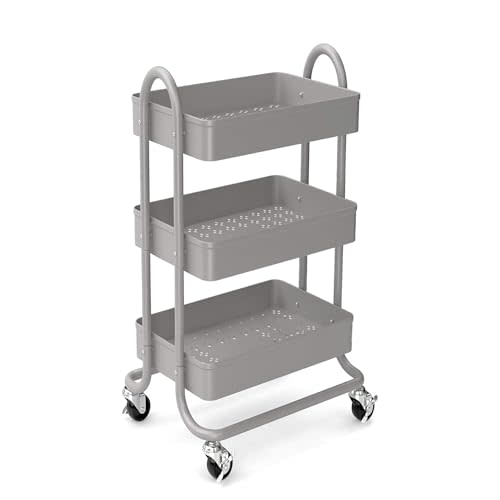 KoolerThings 3-Tier Rolling Metal Storage Organizer - Mobile Utility Rolling Storage Cart, Kitchen Cart with Caster Wheels (Grey)