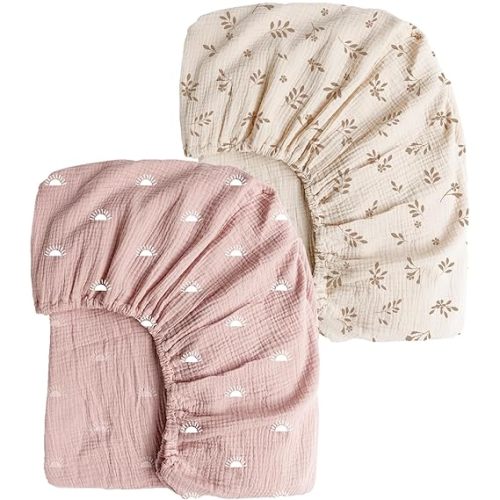 Konssy Muslin Fitted Crib Sheets 2 PCS, 100% Cotton Baby Crib Sheets for Standard Crib Mattress (28 X 52 Inches), Soft and Breathable for Boys, Girls (Pink Sun,Khaki Leaf) - Pink Sun,khaki Leaf