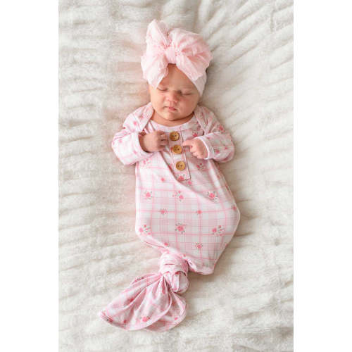 Newborn Baby Knot Gown & Hat Set in Primrose Plaid | Caden Lane