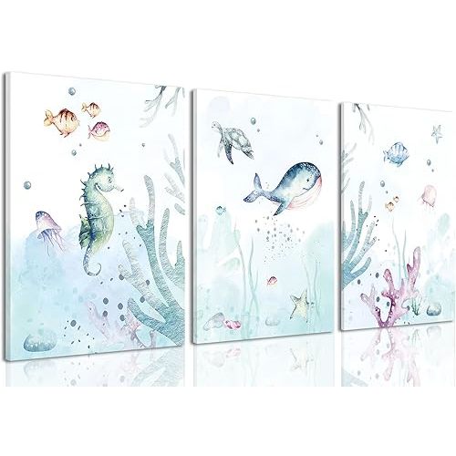 Wodkwq Ocean Nursery Decor,Nursery Wall Decor,Kids Bathroom Decor,Under The Sea,Boys Room Sea Animal Wall Art Picture Canvas Prints Set of 3,Bedroom 12x16 Inch Framed