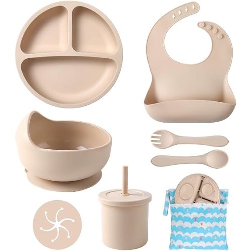 ECLIP Silicone Baby Feeding Set, 10 Pcs Baby Led Weaning Supplies with Suction Bowl Divided Plate Adjustable Bib Soft Spoon Fork Snack Cup with Lid Drinking Cup, Utensil (Beige)