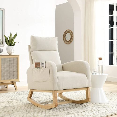 Nursery Rocking Glider Chair, Modern Fabric Tall Back Accent Rocker Chair Upholstered Arm Chair w/Side Pockets, Modern Leisure Single Sofa for Living Room, Hotel, Bedroom, Office, Beige