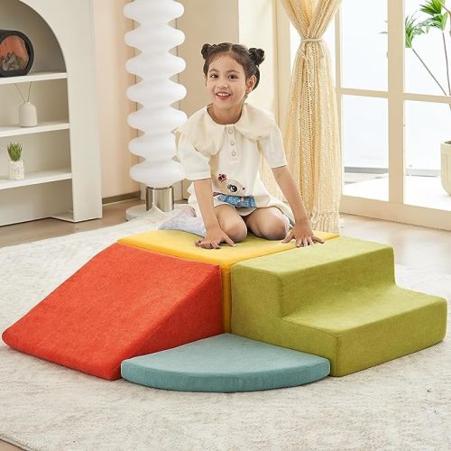 jela Foam Blocks 4Pcs Soft Play Equipment Luxury Miss Fabric Foam Climbing Blocks for Toddlers Climbing Toys Indoor Soft Play Activity Playset Lightweight Climbing Blocks Sliding Crawl (Colorful) - Luxury Miss Colorful