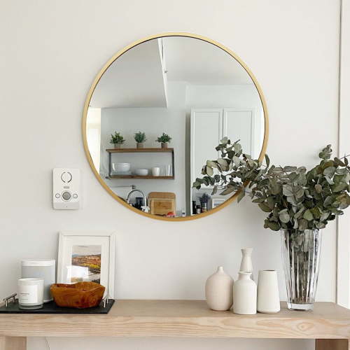 Noble House 16" Round Bathroom Wall Mirror, Aluminum Alloy Frame, HD Shatterproof Glass, Gold