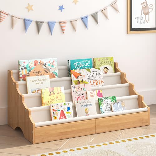 ELYKEN Toddler Bookshelf for Kids Rooms, Nursery Book Shelves with Open Forward Display, Montessori Book shelf for Baby Room, Small Children Classroom Books Rack Storage, Reading Corner for Kid, Beige