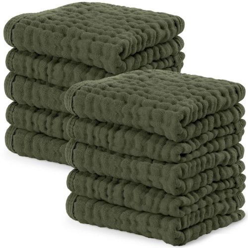 Baby Washcloths Muslin Cotton, Large 10”x10” by Comfy Cubs (Kelp, Pack of 10)