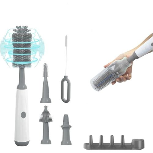 Electric Baby Bottle Brush Cleaner with Extended Handle & Drying Holder, Baby Bottle Brush Set with Silicone Bottle/Nipple/Crevice/Brush,Straw Cleaner,Lifesaver Automatic Bottle Cleaner,Gray - Gray White