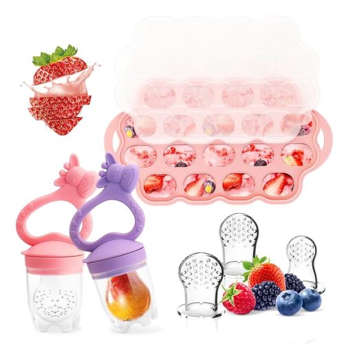 Baby Fruit Food Feeder Breastmilk Popsicle Molds for Teething Relief, Introduce New Foods, Silicone Freezer Tray with Lid, Includes 6 Food Pacifiers (Pink & Purple)
