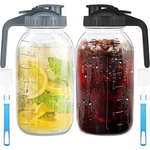 2 PCS 64 oz Glass Pitcher with Lid, 2 Quart Breast Milk Pitcher Jug with Flip Cap Leak Proof, Mason Jar Pitcher, Great for Iced Tea, Cold Brew Coffee, Fridge Water, Ice Drinks Storage Container