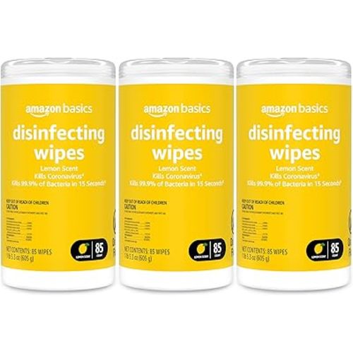 Amazon Basics Wipes, Lemon Scent, for Sanitizing, Cleaning & Deodorizing, 255 Count (3 Packs of 85)