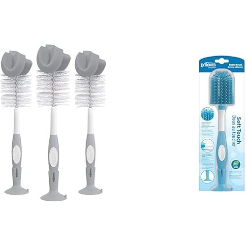 Dr. Brown's Reusable Sponge Baby Bottle Cleaning Brush Set with Suction Cup Stand, Scrubber and Nipple Cleaner, Gray, 3 Pack & Soft Touch Bottle Brush, Blue