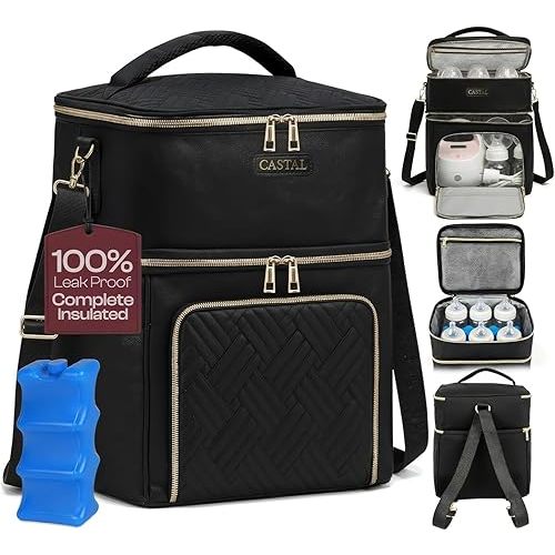 Castal Breast Pump Bag Spectra S1 S2–Insulated Spectra Pump Bag, Breastmilk Cooler Bag with Ice Pack–Leak-Proof Double Layer Breast Pump Travel Bag (Black)