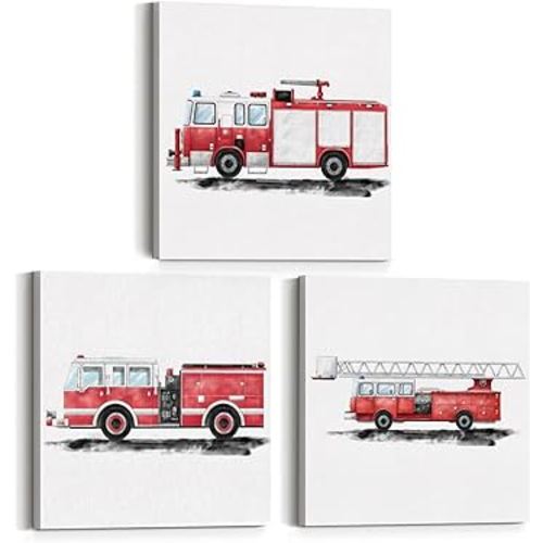 Set of 3 Fire Truck Nursery Vehicle Art Canvas Wall Art Framed Paintings Prints Watercolor Firetruck Canvas Posters Pictures Wall Decor for Home Kids Bedroom 12x12 Inch
