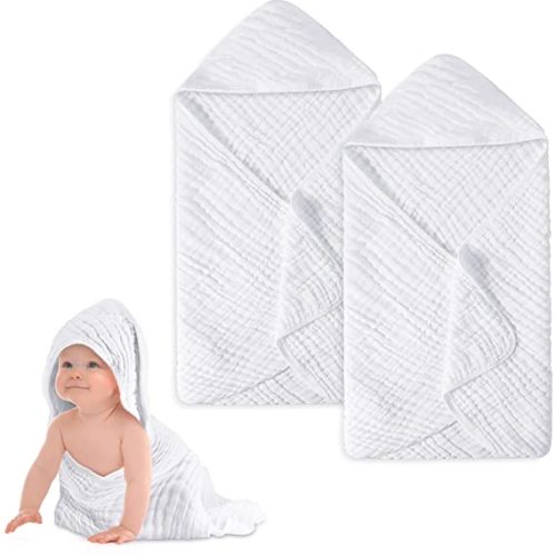 Muslin Cotton Hooded Baby Bath Towel Sets Large 32 x 32 Inch Soft Unisex Bath Towels Bulk for Babies, Toddler, Infant, Newborn, Baby Gifts for Girl Boy (White, 2 Pieces)