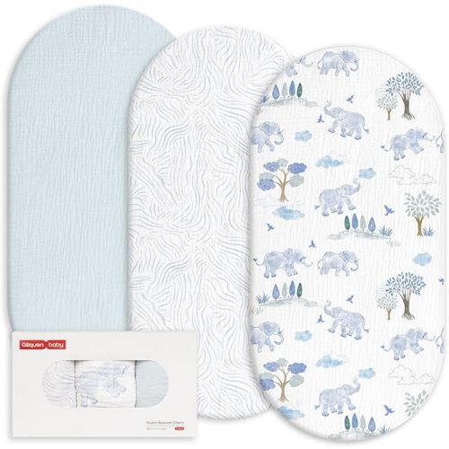 Gllquen Baby Muslin Bassinet Sheets 3 Pack, Breathable Elastic Cozy Fitted Cotton Bassinet Mattress Sheet for Baby Boy Girls, Fit for Hourglass Oval Rectangular Cradle Pad Sheets 33"x17" (Light Blue)