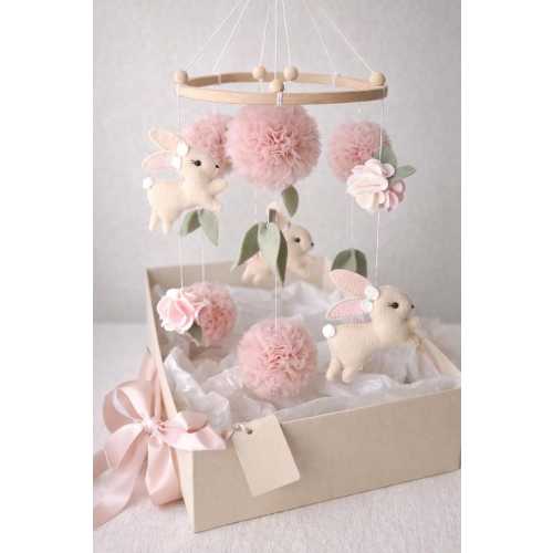 Bunny baby mobile with tiul pom poms, rabbit nursery decor, crib mobile, baby shower gift