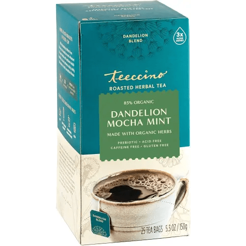 Teeccino Dandelion Mocha Mint Tea - Caffeine Free, Roasted Herbal Tea with Prebiotics, 3x More Herbs than Regular Tea Bags, Gluten Free - 25 Tea Bags
